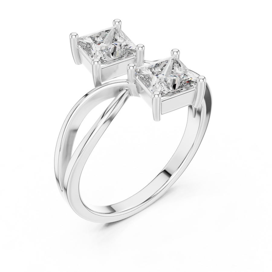 White gold princess cut toi et moi lab grown diamond ring, side view