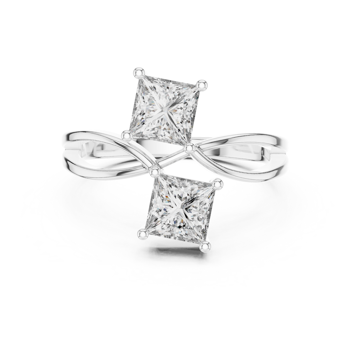 White gold princess cut toi et moi lab grown diamond ring, angled view