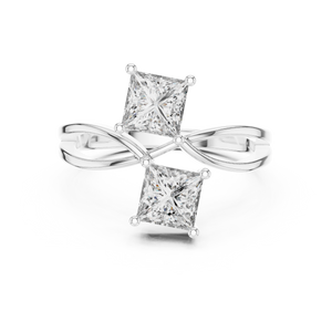 White gold princess cut toi et moi lab grown diamond ring, angled view