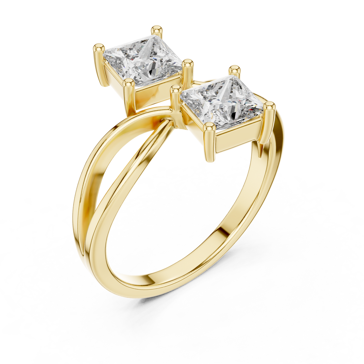 Yellow gold princess cut toi et moi lab grown diamond ring, side view