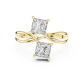 Yellow gold princess cut toi et moi lab grown diamond ring, angled view