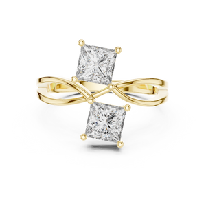Yellow gold princess cut toi et moi lab grown diamond ring, angled view