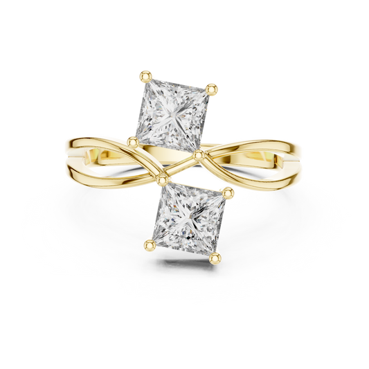 Yellow gold princess cut toi et moi lab grown diamond ring, angled view