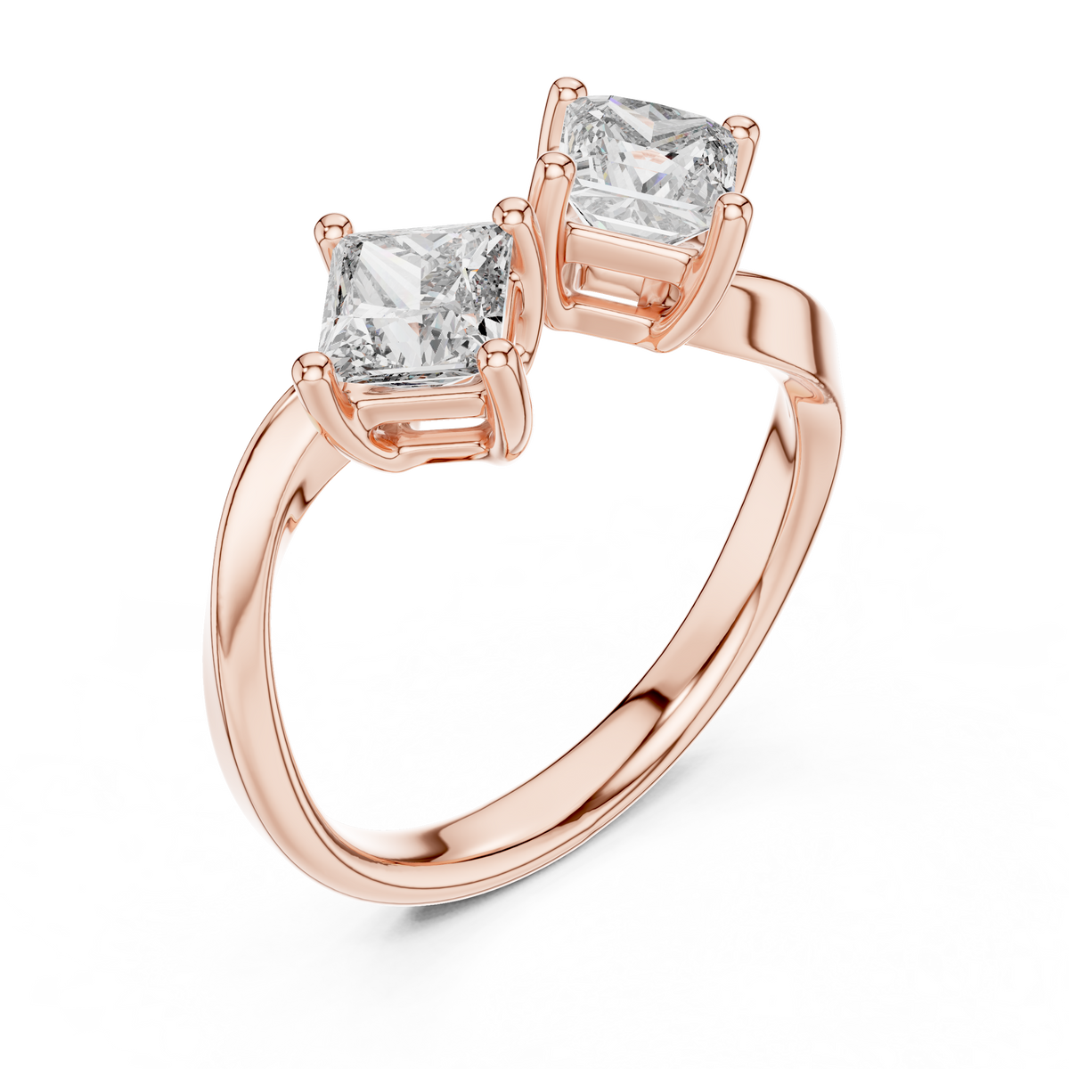 Rose gold princess cut open toi et moi lab grown diamond ring, side view