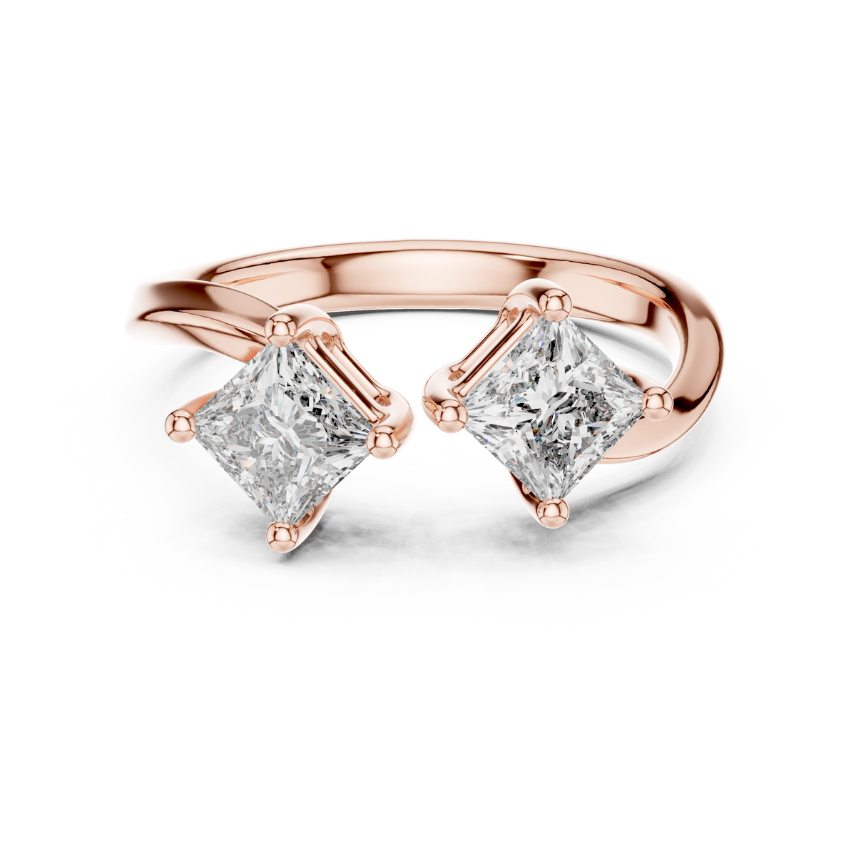 Rose gold princess cut open toi et moi lab grown diamond ring, angled view