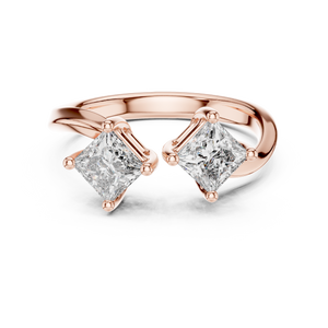 Rose gold princess cut open toi et moi lab grown diamond ring, angled view