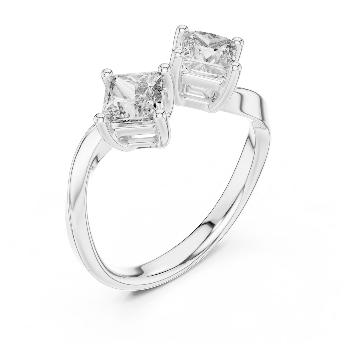 White gold princess cut open toi et moi lab grown diamond ring, side view