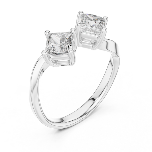 White gold princess cut open toi et moi lab grown diamond ring, side view