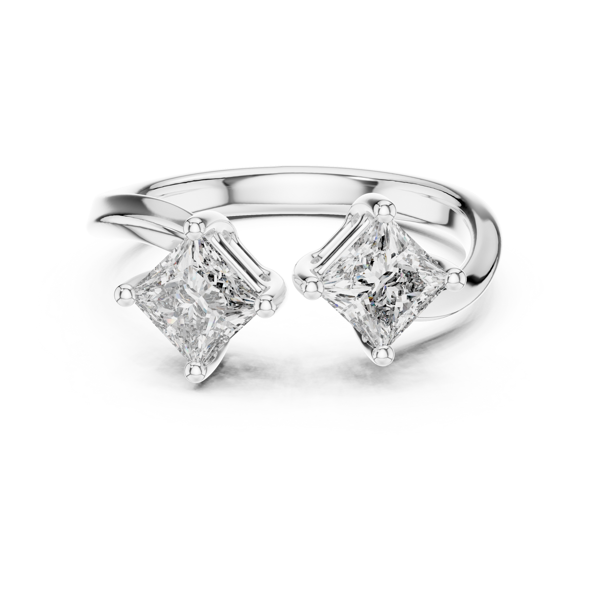 White gold princess cut open toi et moi lab grown diamond ring, angled view
