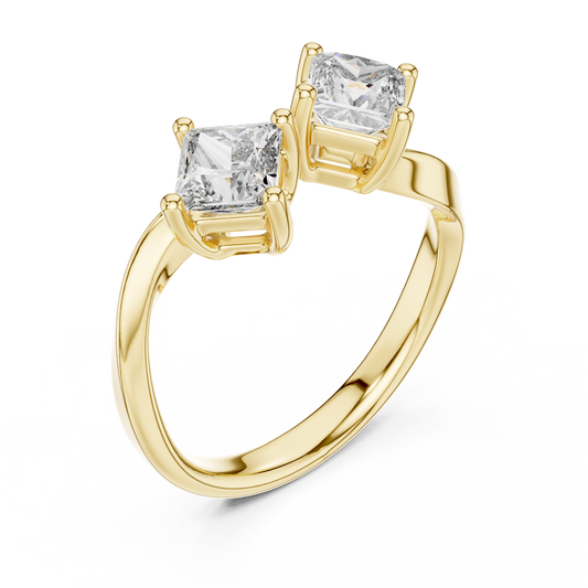 Yellow gold princess cut open toi et moi lab grown diamond ring, side view
