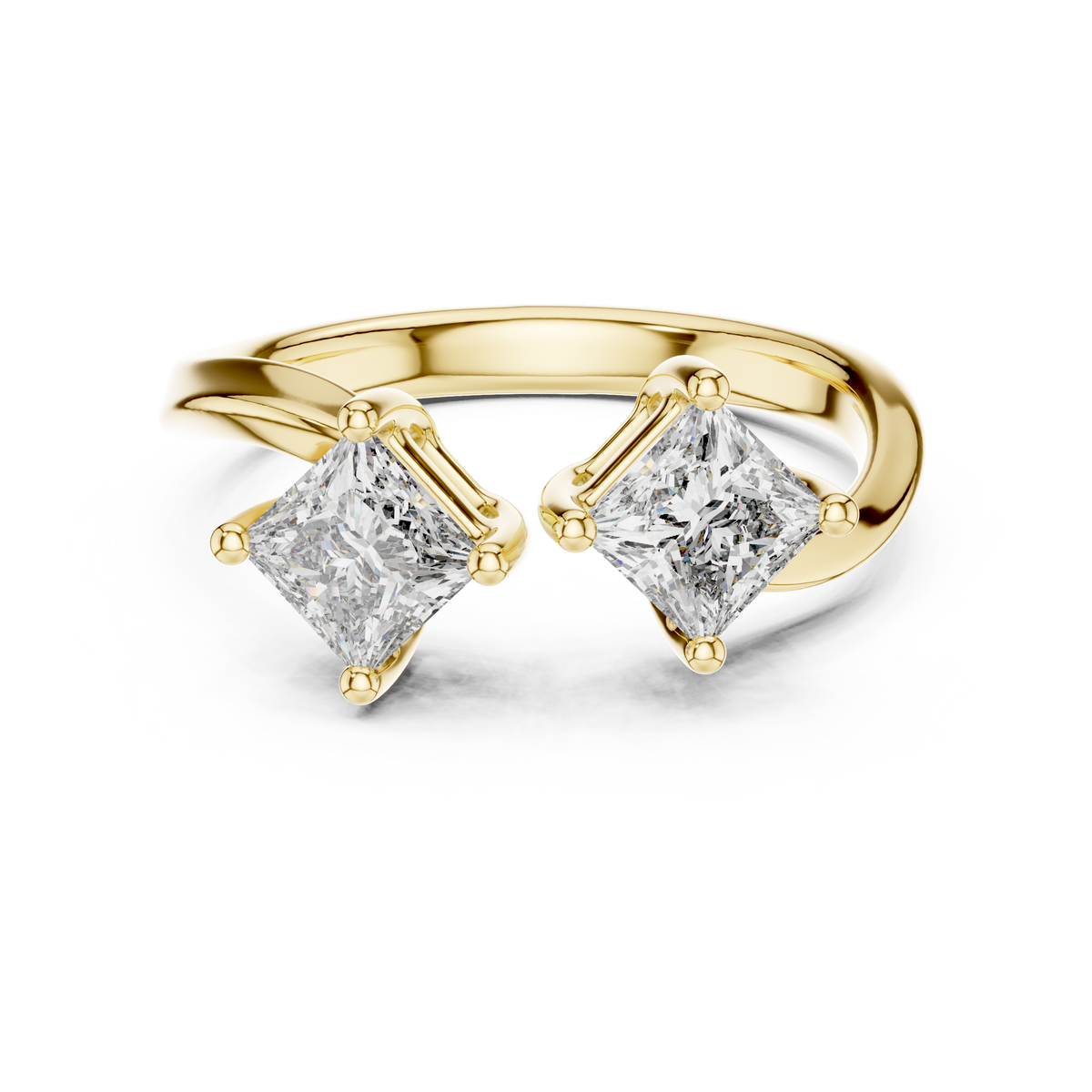 Yellow gold princess cut open toi et moi lab grown diamond ring, angled view