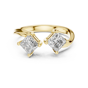 Yellow gold princess cut open toi et moi lab grown diamond ring, angled view
