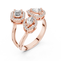 Rose gold mixed shape three stone halo lab grown diamond ring, side view