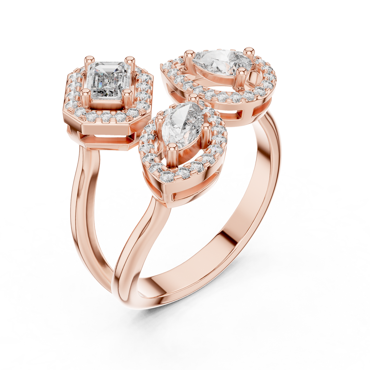 Rose gold mixed shape three stone halo lab grown diamond ring, side view