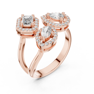Rose gold mixed shape three stone halo lab grown diamond ring, side view