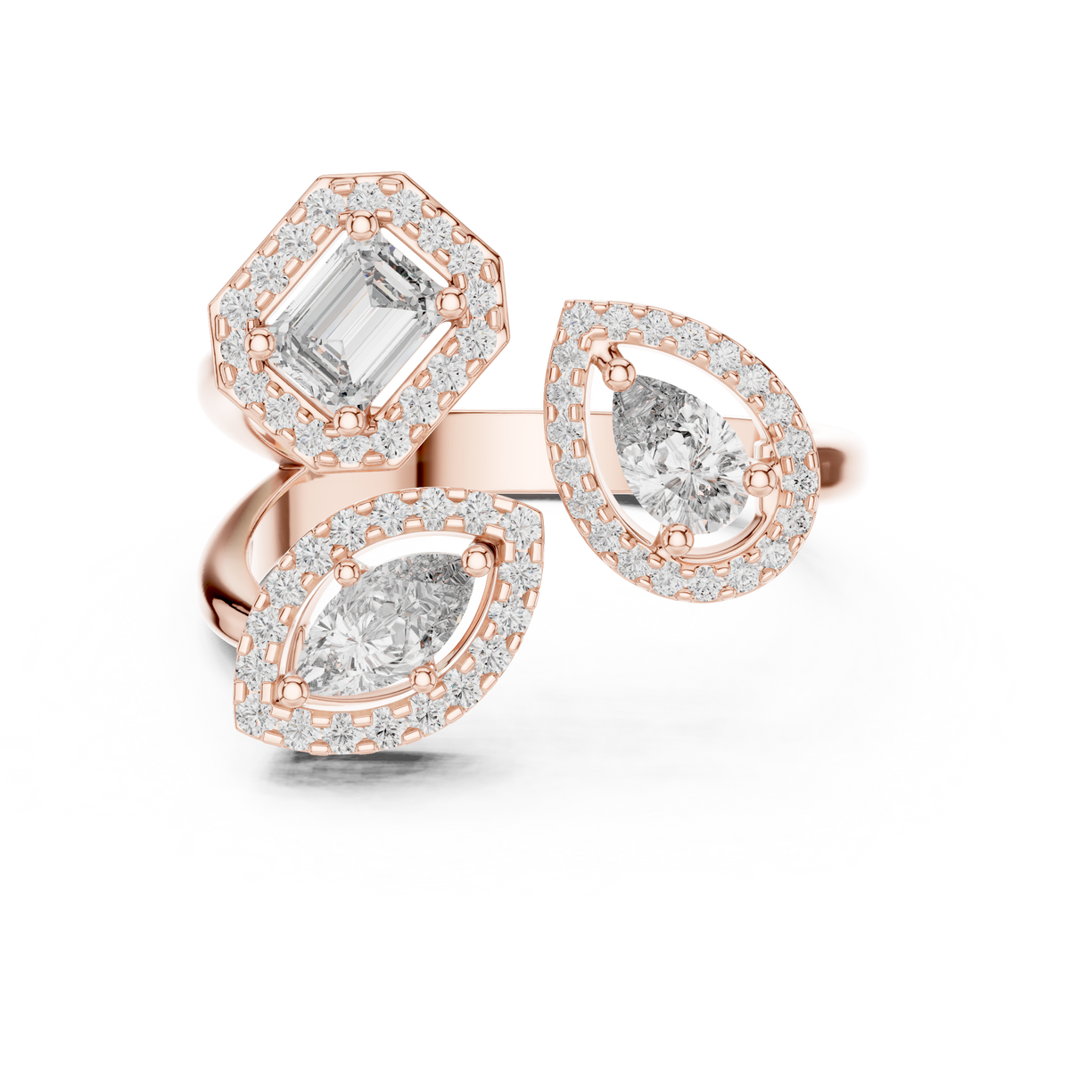 Rose gold mixed shape three stone halo lab grown diamond ring, angled view