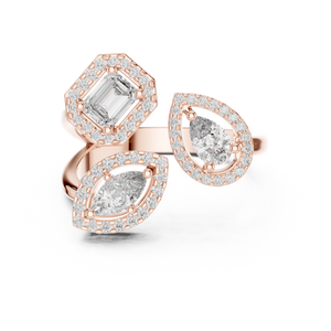 Rose gold mixed shape three stone halo lab grown diamond ring, angled view