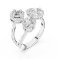 White gold mixed shape three stone halo lab grown diamond ring, side view