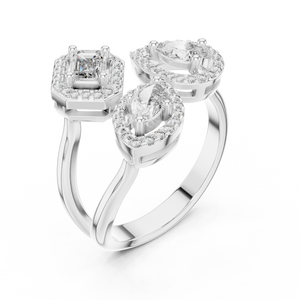 White gold mixed shape three stone halo lab grown diamond ring, side view
