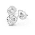 White gold mixed shape three stone halo lab grown diamond ring, angled view