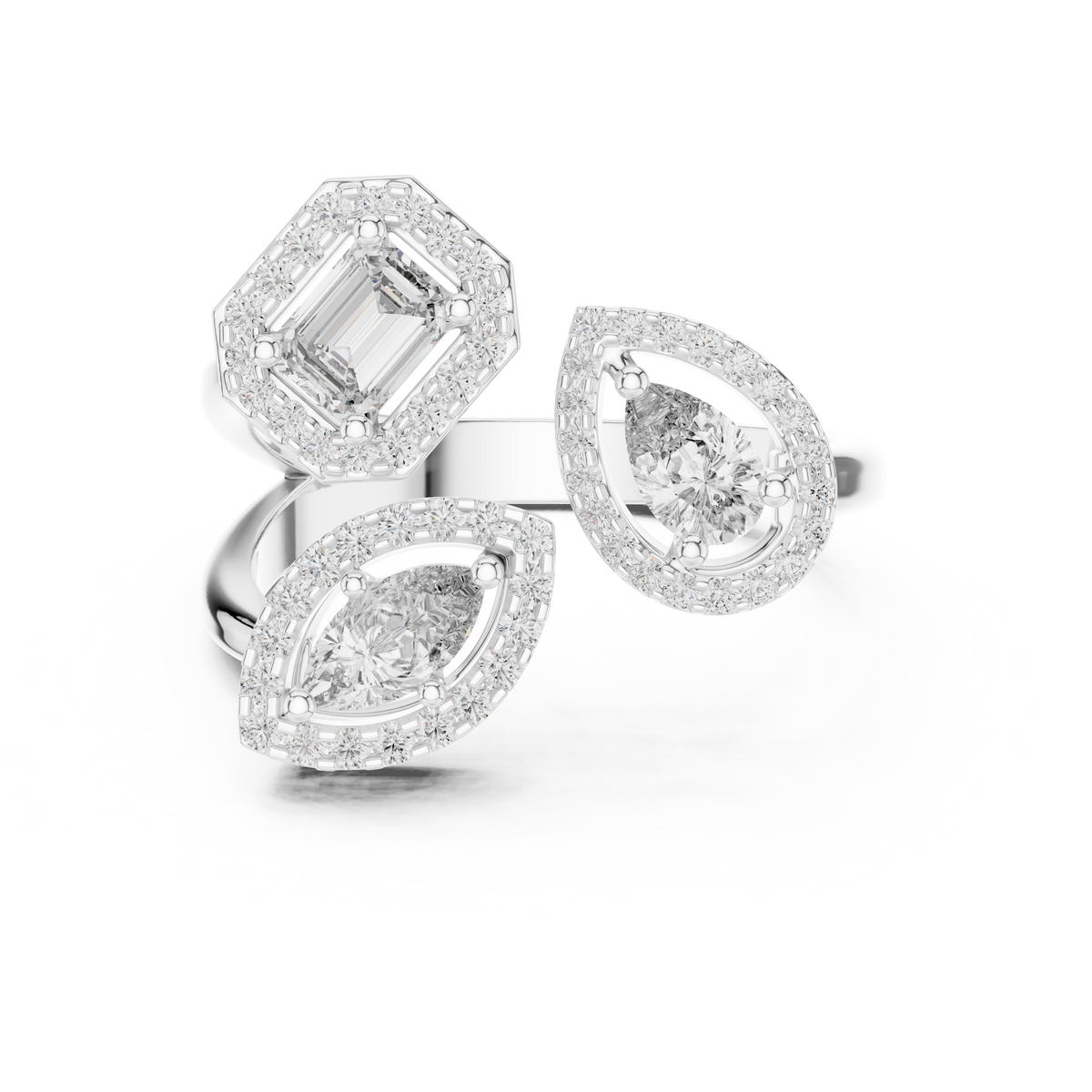 White gold mixed shape three stone halo lab grown diamond ring, angled view