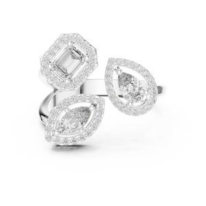 White gold mixed shape three stone halo lab grown diamond ring, angled view
