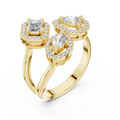 Yellow gold mixed shape three stone halo lab grown diamond ring, side view