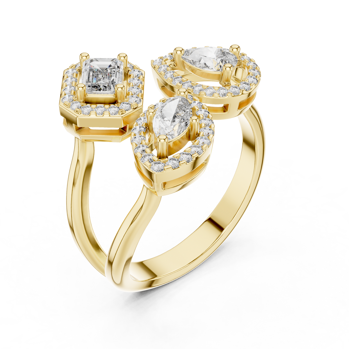 Yellow gold mixed shape three stone halo lab grown diamond ring, side view