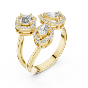 Yellow gold mixed shape three stone halo lab grown diamond ring, side view