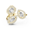 Yellow gold mixed shape three stone halo lab grown diamond ring, angled view