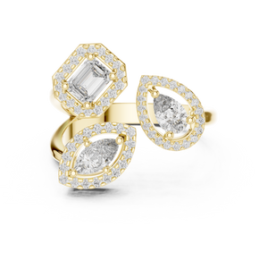 Yellow gold mixed shape three stone halo lab grown diamond ring, angled view