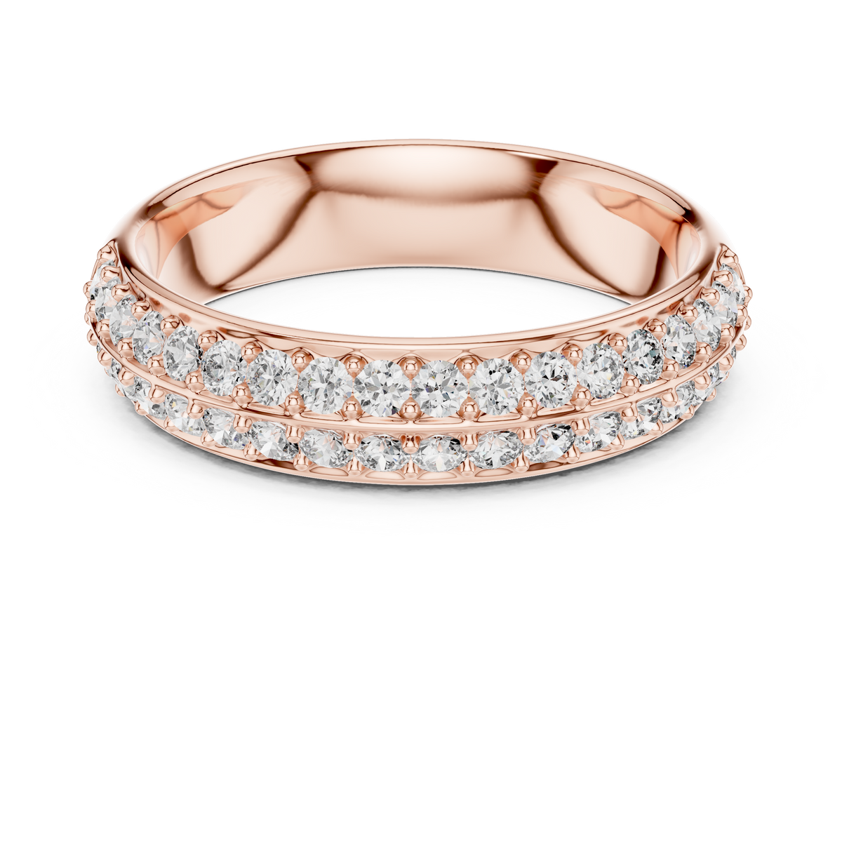 Rose gold round two-row pave lab grown diamond anniversary band, angled view