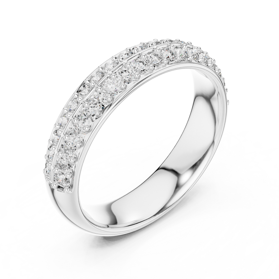 White gold round two-row pave lab grown diamond anniversary band, side view