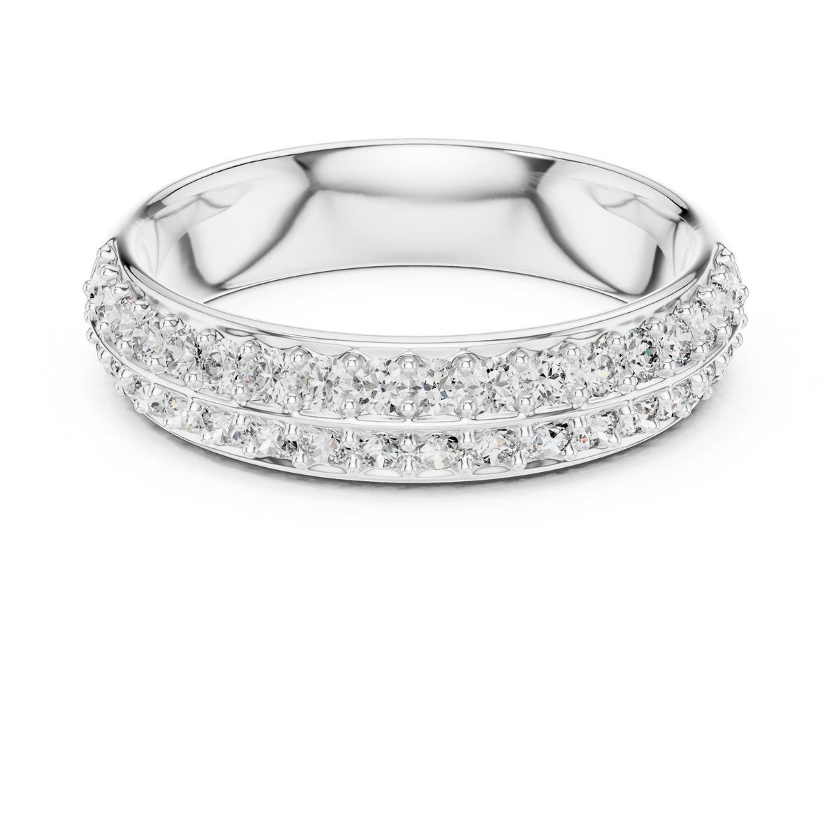 White gold round two-row pave lab grown diamond anniversary band, angled view
