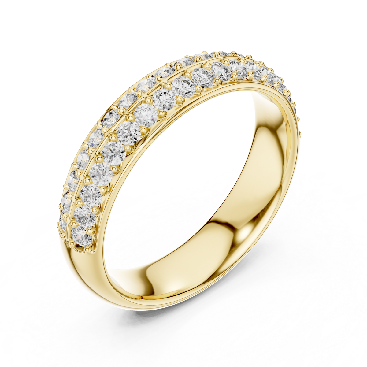 Yellow gold round two-row pave lab grown diamond anniversary band, side view