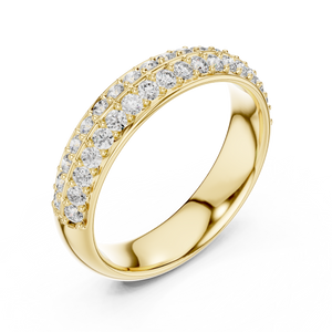 Yellow gold round two-row pave lab grown diamond anniversary band, side view
