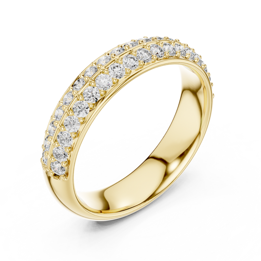 Yellow gold round two-row pave lab grown diamond anniversary band, side view