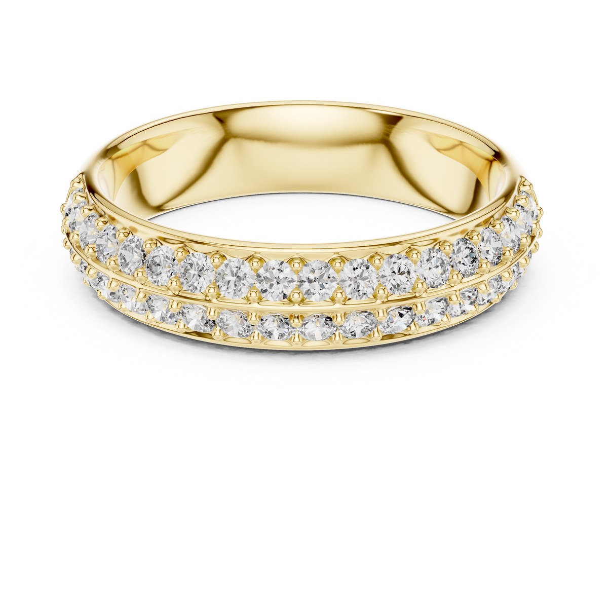 Yellow gold round two-row pave lab grown diamond anniversary band, angled view