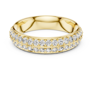 Yellow gold round two-row pave lab grown diamond anniversary band, angled view