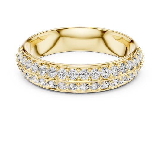 Yellow gold round two-row pave lab grown diamond anniversary band, angled view