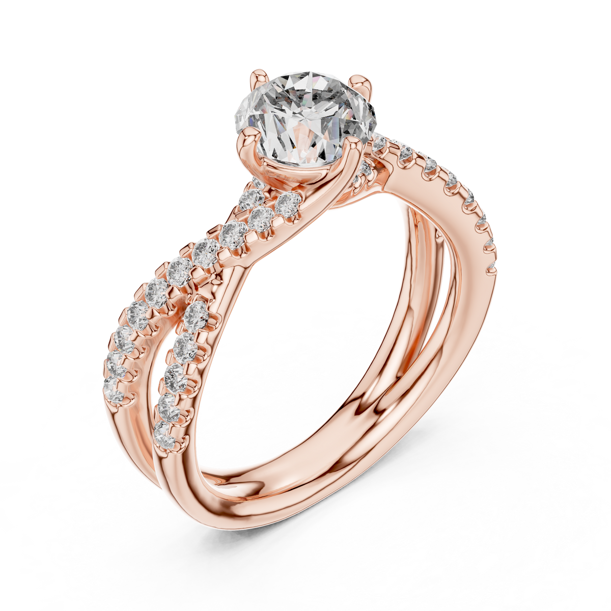 Rose gold round twist pave solitaire lab grown diamond engagement ring, side view