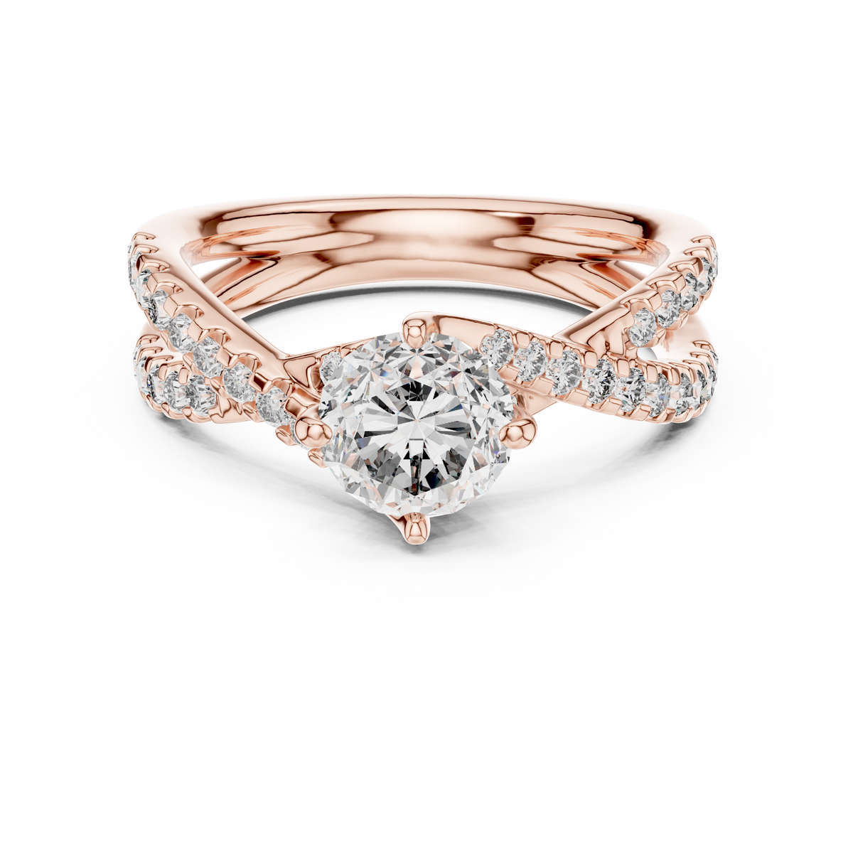 Rose gold round twist pave solitaire lab grown diamond engagement ring, angled view