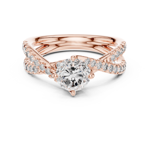 Rose gold round twist pave solitaire lab grown diamond engagement ring, angled view