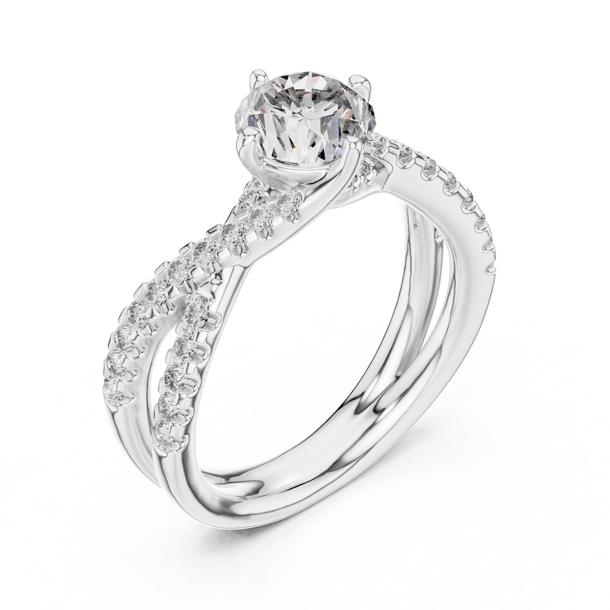 White gold round twist pave solitaire lab grown diamond engagement ring, side view