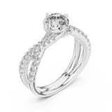 White gold round twist pave solitaire lab grown diamond engagement ring, side view