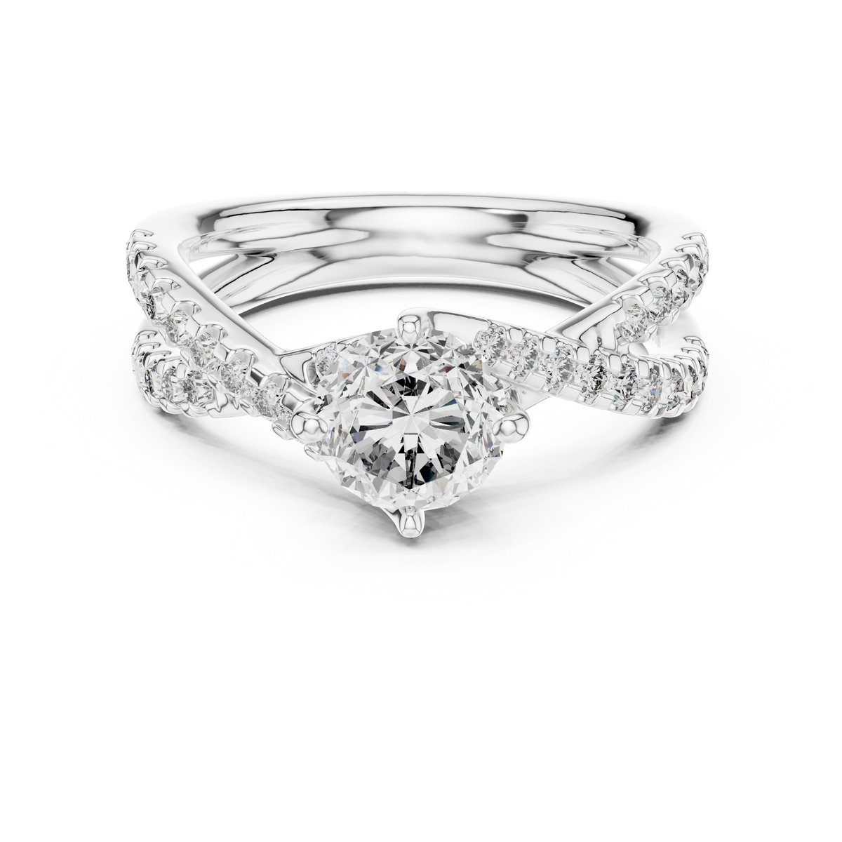 White gold round twist pave solitaire lab grown diamond engagement ring, angled view