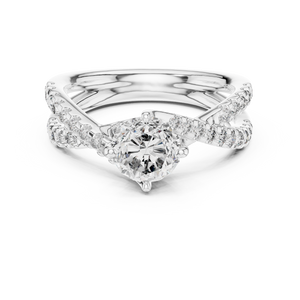 White gold round twist pave solitaire lab grown diamond engagement ring, angled view