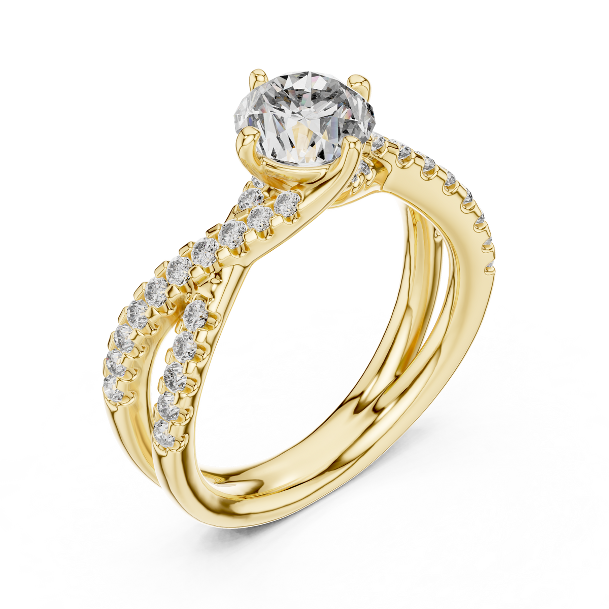 Yellow gold round twist pave solitaire lab grown diamond engagement ring, side view