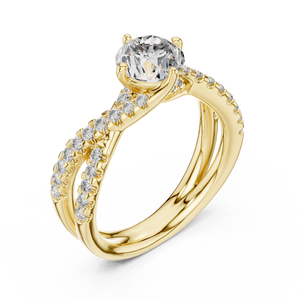 Yellow gold round twist pave solitaire lab grown diamond engagement ring, side view