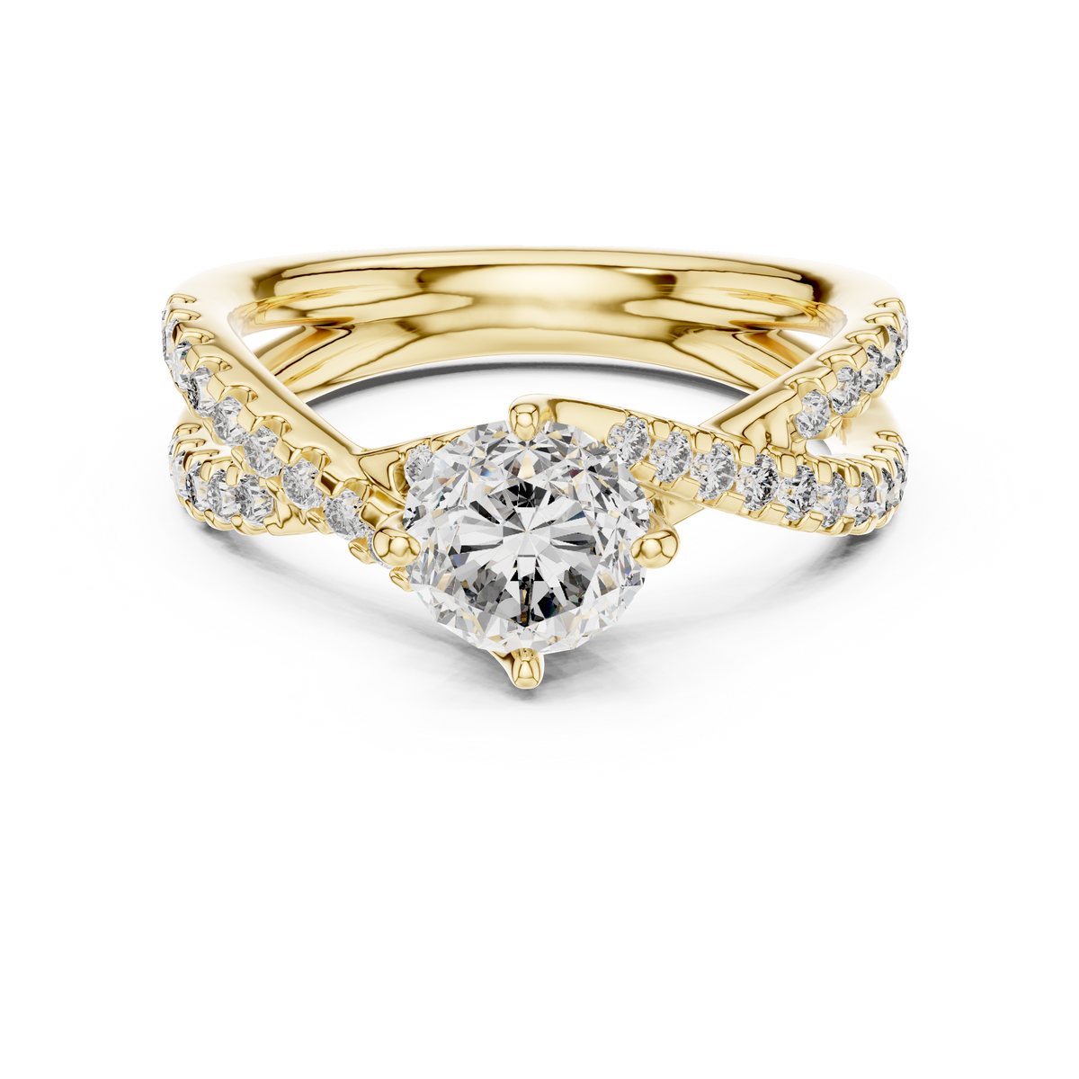 Yellow gold round twist pave solitaire lab grown diamond engagement ring, angled view